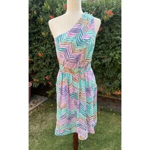 Trina Turk Zebra‎ Silk One Shoulder Dress Gone Wild 6 Purple Blue